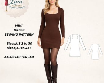 Mini Dress Sewing Pattern, Long Sleeve Style (Digital PDF Download)(XS-4XL)