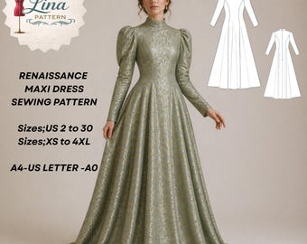 Renaissance Maxi Dress Sewing Pattern, High Neck, Long Sleeve Style (Digital PDF Download)(XS-4XL)
