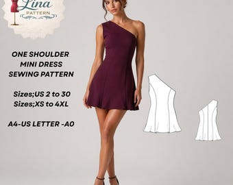 Patrón de costura para minivestido asimétrico de un solo hombro, ideal para fiestas (descarga digital en PDF) (tallas XS-4XL)