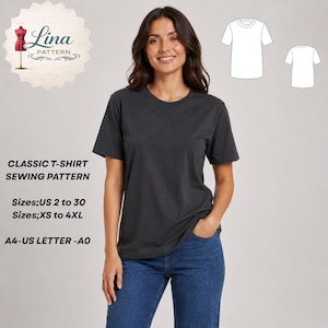 Puede incluir: Una camiseta gris carbón de manga corta con cuello redondo. La imagen incluye el texto: Lina Pattern, Classic T-Shirt Sewing Pattern, Sizes US 2 to 30, Sizes XS to 4XL, A4-US Letter-A0, y un dibujo lineal blanco de la parte delantera y trasera.