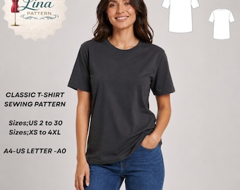 Classic T-Shirt Sewing Pattern,Low Hip Length Short Sleeve (Digital PDF Download)(XS-4XL)