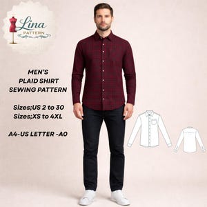 Men's Plaid Shirt Sewing Pattern, Long Sleeve Shirt (Digital PDF Download)(XS-4XL)