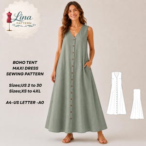 Boho Tent Maxi Dress Sewing Pattern,Button Front, Sleeveless Style (XS-4XL) (Digital PDF Download)