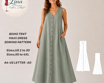 Naaipatroon bohotent maxi-jurk, knoop aan de voorkant, mouwloze stijl (XS-4XL) (digitale pdf-download)