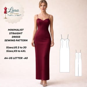 Puede incluir: Un vestido recto minimalista burdeos con escote corazón y tirantes finos. La imagen incluye un patrón de costura con el texto "Lina Pattern", "Tallas;US 2 a 30", y "Tallas;XS a 4XL".
