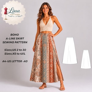 Può includere: Una donna indossa un top all'uncinetto color crema e una lunga gonna a trapezio con spacco con un motivo colorato arancione, blu e beige. L'immagine include un grafico del modello di cucito con il testo: "BOHO A-LINE SKIRT SEWING PATTERN".
