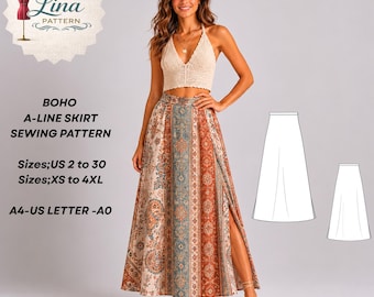 Boho A-Line Skirt Sewing Pattern,Ankle Lenght,Double Side Slit(Digital PDF Download)(XS-4XL)