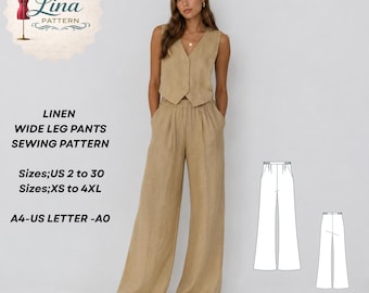 Linnen wijde pijpen broek naaipatroon, hoge taille, volledige lengte (digitale pdf-download) (XS-4XL)