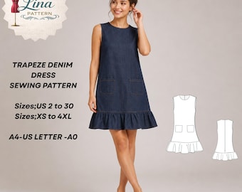 Denim trapezejurk naaipatroon, mouwloze stijl, ruche zoomstijl (digitale pdf-download) (XS-4XL)