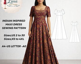 Indian Inspired Maxi Dress Sewing Pattern, Square Neck Ethnic Dress (Digital PDF Download)(XS-4XL)