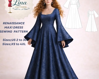 Renaissance Maxikleid Schnittmuster, eckiger Ausschnitt PDF-Download (XS-4XL)