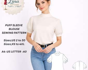 Puff Sleeve Blouse Sewing Pattern,High Neck Top(Digital PDF Download)(XS-4XL)