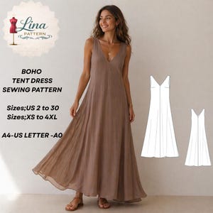 Boho Tent Dress Sewing Pattern, Deep V Neck, Sleeveless Style (XS-4XL) (Digital PDF Download)