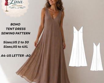 Boho Zeltkleid Schnittmuster, tiefer V-Ausschnitt, ärmellos (XS-4XL) (Digital PDF Download)