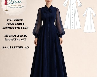 Victorian Maxi Dress Sewing Pattern, Sheer Sleeve Princess Seam Dress (Digital PDF Download)