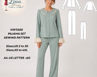 Vintage Pajama Set Sewing Pattern, Womens Sleepwear Set,Long Sleeve(Digital PDF Download)(XS-4XL)