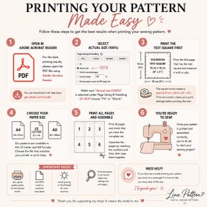 May include: An instructional infographic titled PRINTING YOUR PATTERN Made Easy, featuring six numbered steps for printing sewing patterns. It includes icons for Adobe Acrobat, a 10cm by 10cm test square, paper sizes, and a sewing machine illustration.
