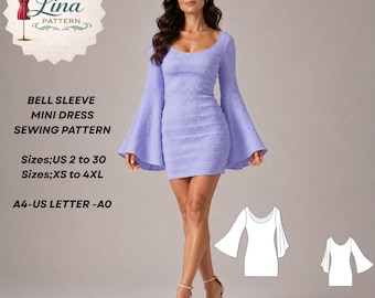 Bell Sleeve Mini Dress Sewing Pattern, Bodycon Pencil Style (Digital PDF Download)(XS-4XL)