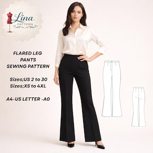 May include: A woman wearing black flared leg pants and a cream-colored button-down shirt. The image includes a sewing pattern with the text "FLARED LEG PANTS SEWING PATTERN" and size information. Two line drawings of the pants are also shown.