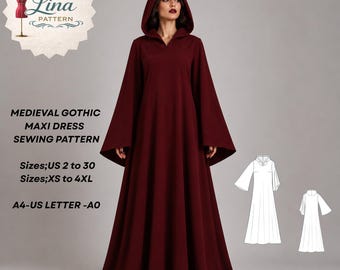 Medieval Gothic Maxi Dress Sewing Pattern,Hooded Tent Dress(Digital PDF Download)