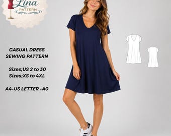 Casual Dress Sewing Pattern,Everyday V-Neck Tent Dress,Comfortable Style (XS-4XL) (Digital PDF Download)