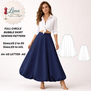 May include: A navy blue full circle bubble skirt sewing pattern. The image shows a woman wearing the skirt with a white shirt. The pattern includes sizes US 2 to 30 and XS to 4XL. The pattern is A4-US LETTER -AO.