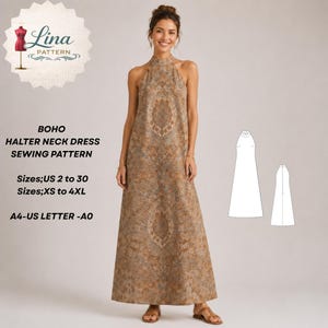 May include: A floor-length halter neck dress with a brown and tan paisley pattern. Text reads: Lina Pattern, BOHO HALTER NECK DRESS SEWING PATTERN, Sizes; US 2 to 30, Sizes; XS to 4XL, A4-US LETTER -A0. Includes a white line drawing of the dress silhouette.