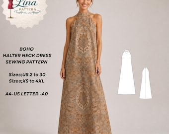 Boho Halter Neck Dress Sewing Pattern, Ankle Length, Trapeze Style (XS-4XL) (Digital PDF Download)