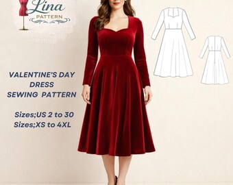Valentine's Day,Inverted Sweetheart Neck,Midi Dress Sewing Pattern (Digital PDF Download)(XS-4XL)