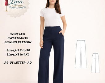 Joggingbroek met wijde pijpen naaipatroon, elastische taille loungebroek (digitale pdf-download) (XS-4XL)