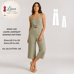 Peut inclure: Une combinaison pantacourt vert sauge à jambes larges avec une encolure carrée, des bretelles épaisses et une ceinture assortie à boucle circulaire. Texte : Lina Pattern, WIDE LEG CAPRI JUMPSUIT SEWING PATTERN, Sizes; US 2 to 30, Sizes; XS to 4XL, A4-US LETTER -A0.