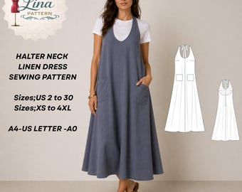 Halter Neck Linen Dress Sewing Pattern, Deep U Neck, Open Back (Digital PDF Download)