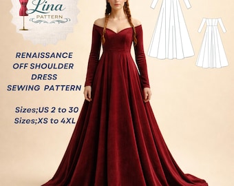 Renaissance Schnittmuster für schulterfreies Kleid mit langen Ärmeln (Digitaler PDF-Download) (XS-4XL)