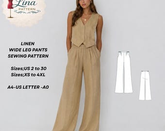 Linen Wide Leg Pants Sewing Pattern, High Waisted, Full Length(Digital PDF Download)(XS-4XL)