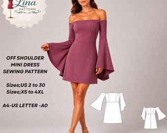 Off Shoulder Mini Dress Sewing Pattern, Bell Sleeve,A-Line Style (Digital PDF Download)(XS-4XL)