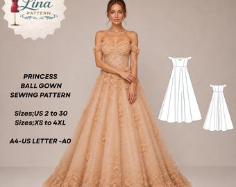 Naaipatroon prinsessenbaljurk, off-shoulder, volledige cirkelstijl (digitale pdf-download) (XS-4XL)