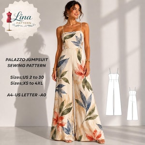 Puede incluir: Un patrón de costura de mono palazzo de Lina Pattern con tela color crema y estampado floral de acuarela en tonos rojos, azules y verdes. El texto incluye PALAZZO JUMPSUIT SEWING PATTERN, Sizes; US 2 to 30, XS to 4XL, A4-US LETTER-A0.