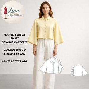 Könnte beinhalten: Eine Frau trägt ein gelbes Hemd mit ausgestellten Ärmeln und eine weiße Hose. Das Hemd hat einen Kragen und eine Knopfleiste. Das Bild enthält ein Schnittmuster mit dem Text "FLARED SLEEVE SHIRT SEWING PATTERN" und Größenangaben.