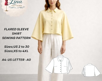 Flared Sleeve Shirt Sewing Pattern, Relaxed Fit, Front Button Shirt (Digital PDF Download)