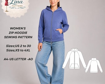 Womens Zip Hoodie Sewing Pattern, Modern Athletic Style, Raglan Long Sleeve (Digital PDF Download)