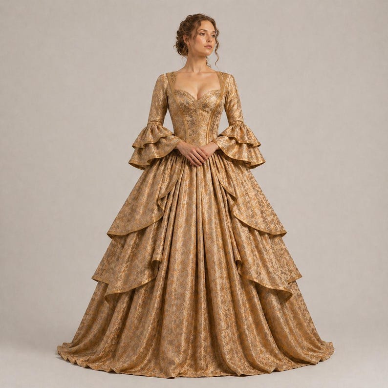 K&ouml;nnte beinhalten: Ein goldgelbes Ballkleid mit floralem Muster. Das Kleid hat einen herzf&ouml;rmigen Ausschnitt, lange &Auml;rmel mit R&uuml;schenb&uuml;ndchen und einen mehrschichtigen Rock. Das Oberteil ist figurbetont, und der Rock ist weit ausgestellt.
