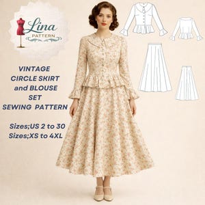Peut inclure: Patron de couture vintage pour jupe cercle et chemisier. L'image montre une femme portant une robe à imprimé floral. Le patron comprend les tailles XS à 4XL et US 2 à 30. Le patron comprend un chemisier et une jupe cercle.