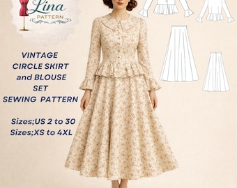Vintage Circle Skirt and Blouse Sewing Pattern, Ruffle Details (XS-4XL) (Digital PDF Download)