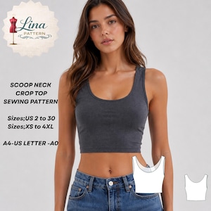 Puede incluir: Un top corto de cuello redondo gris oscuro. La imagen incluye un patrón de costura con el texto "SCOOP NECK CROP TOP SEWING PATTERN" y detalles de tallas: "Sizes;US 2 to 30 Sizes;XS to 4XL". El patrón es de "Lina PATTERN".