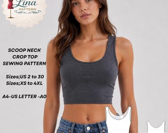 Scoop Neck Crop Top Sewing Pattern, Fitted Sleeveless Stretch Style(Digital PDF Download)(XS-4XL)