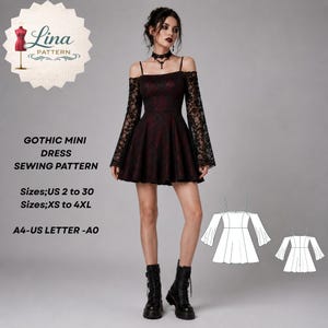 Schnittmuster für Gothic-Minikleid mit überschnittenen Ärmeln (Digitaler PDF-Download)