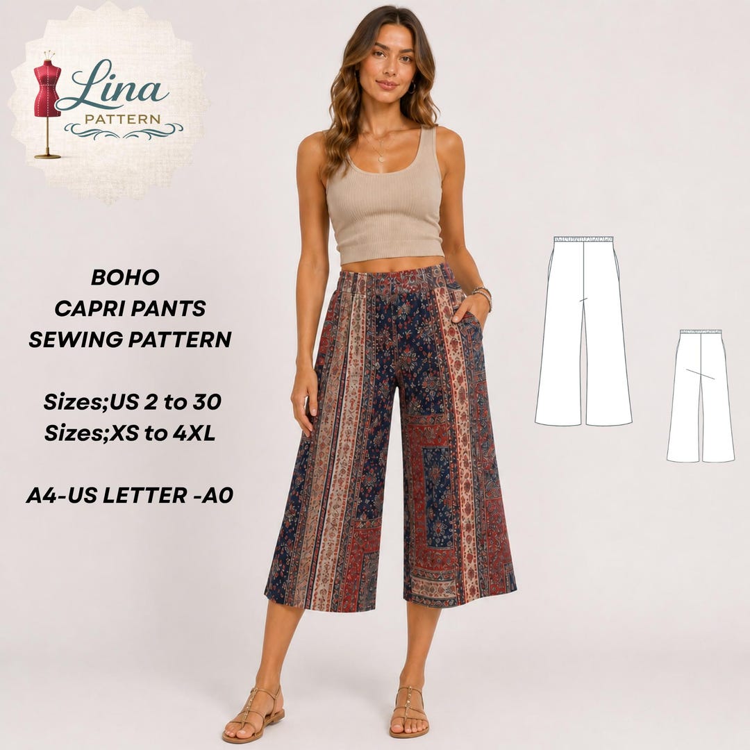 Capri Pattern Boho Palazzo Capri Pants Sewing Pattern, Elastic Waist (digital PDF ...