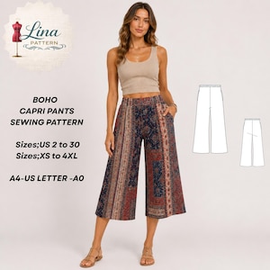 May include: A sewing pattern for boho capri pants labeled Lina Pattern. The pants feature a dark blue, red, and cream floral and geometric print with a wide-leg, cropped silhouette. Text includes sizes US 2 to 30, XS to 4XL, and A4-US LETTER-A0.