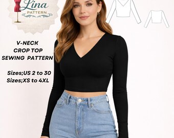 V-Neck Crop Top Sewing Pattern,Long Sleeve Blouse (Digital PDF Download)(XS-4XL)