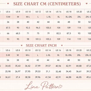 May include: A size chart table with two sections labeled SIZE CHART CM and SIZE CHART INCH. It displays US, International, and Europe sizes alongside bust, waist, and hip measurements in inches and centimeters. The text Lina Pattern is at the bottom.